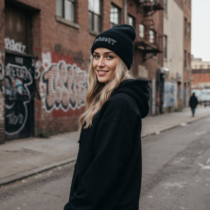 Unisex knitted beanie hat with embroidered TuWhatt logo available in various colors