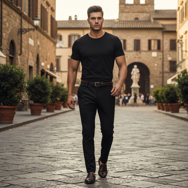 Men’s Longline Basic Cotton T-Shirt with Crew Neck – White/Black